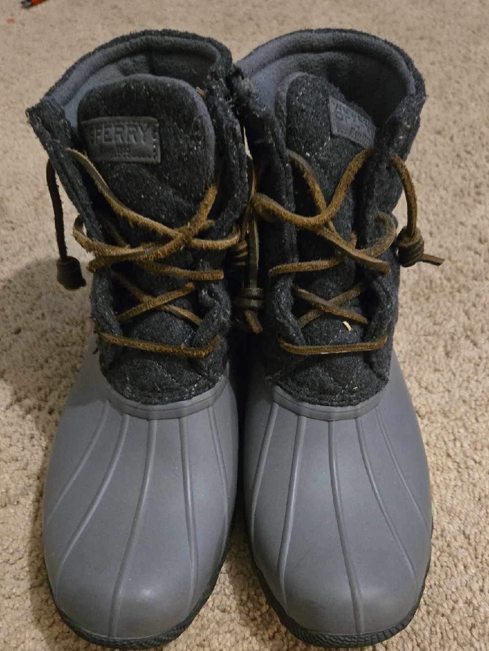 Sperry Gray Duck Boots with Brown Laces